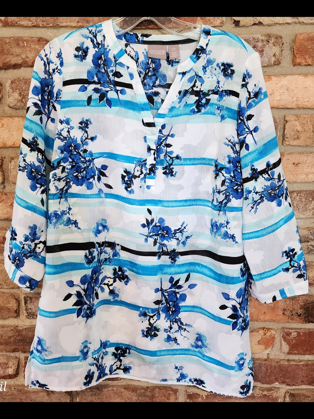 Chico's White Tunic with Blue Floral & Stripe Print Size 0